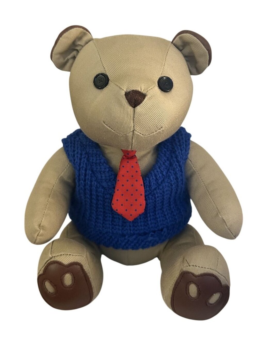 Vintage sitting Gund Teddy Bear W/ Blue Sweater Vest Red Polka Dot Tie Button ey